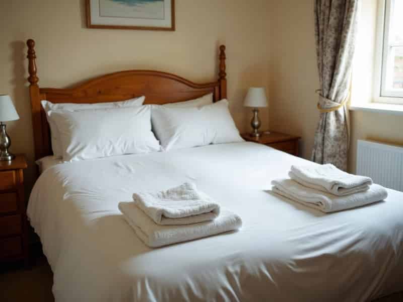 A double bed remade with fresh white linen and folded towels at the foot