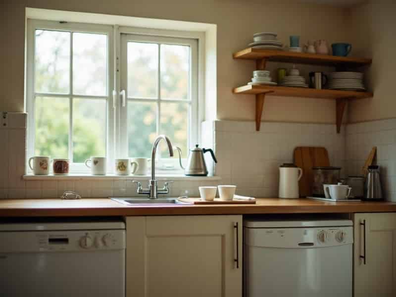 A holiday let kitchen with clean mugs out and the worktop cleared