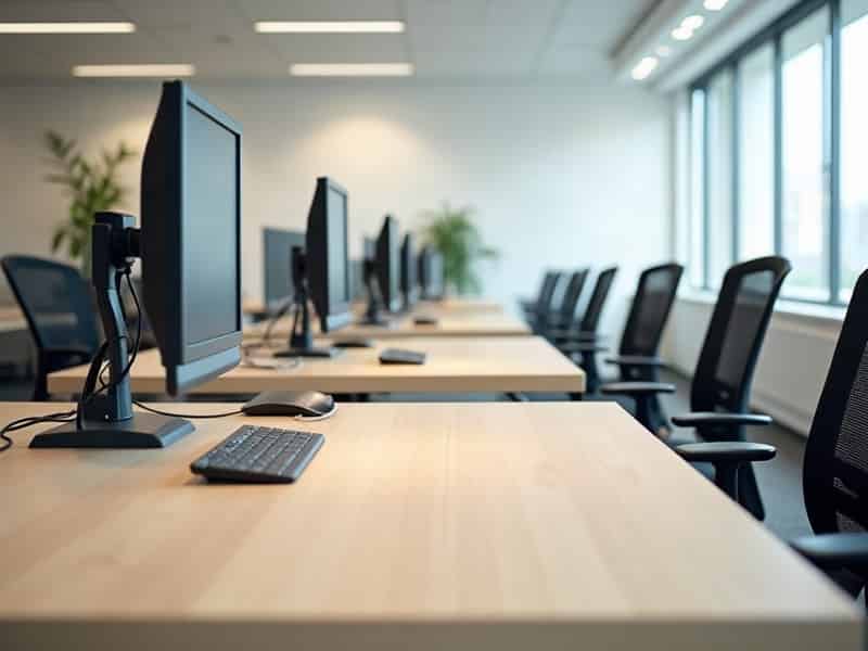 A row of office desks wiped clear with the chairs tucked in