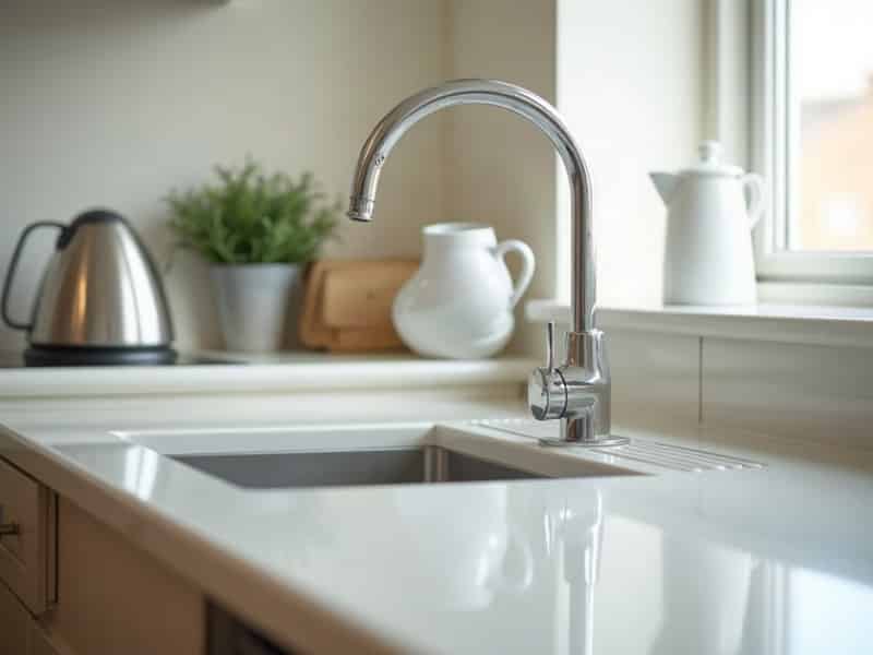 An office break area with the worktop cleared and the sink cleaned