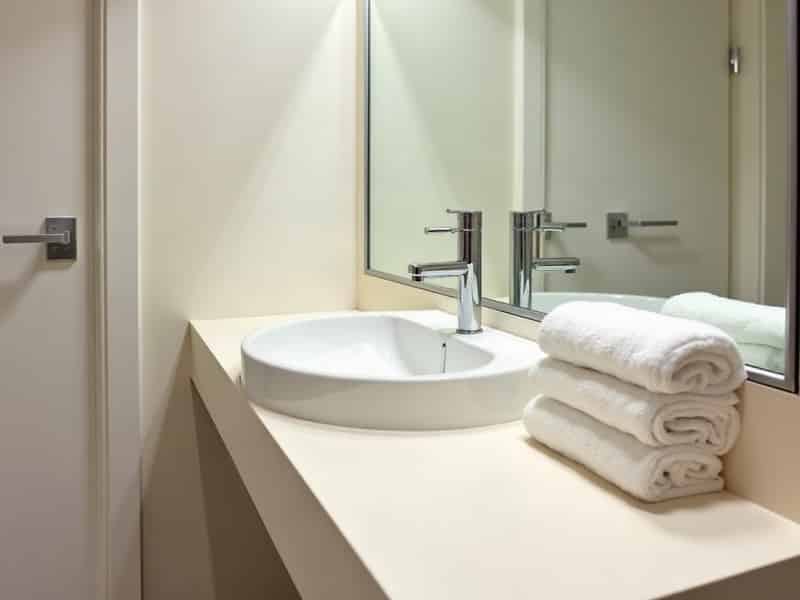 A workplace washroom basin and mirror, cleaned and restocked
