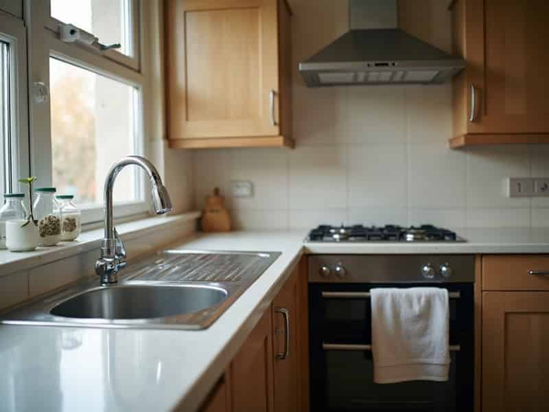 A kitchen worktop and sink, wiped clear and dry