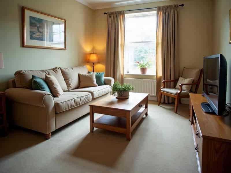 A living room with the cushions squared and the floor vacuumed
