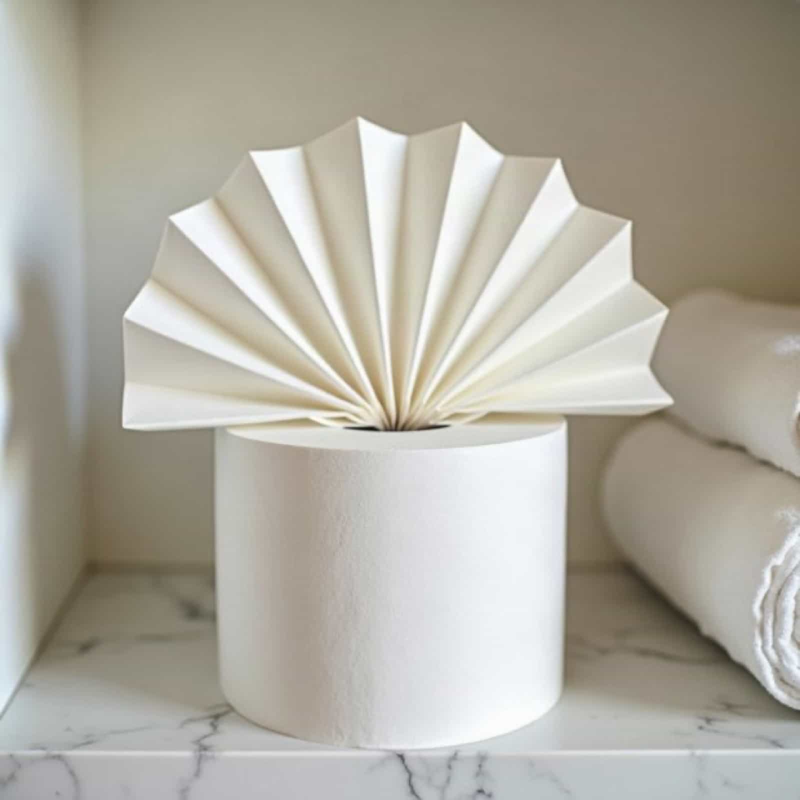 A toilet roll with the end folded into a fan