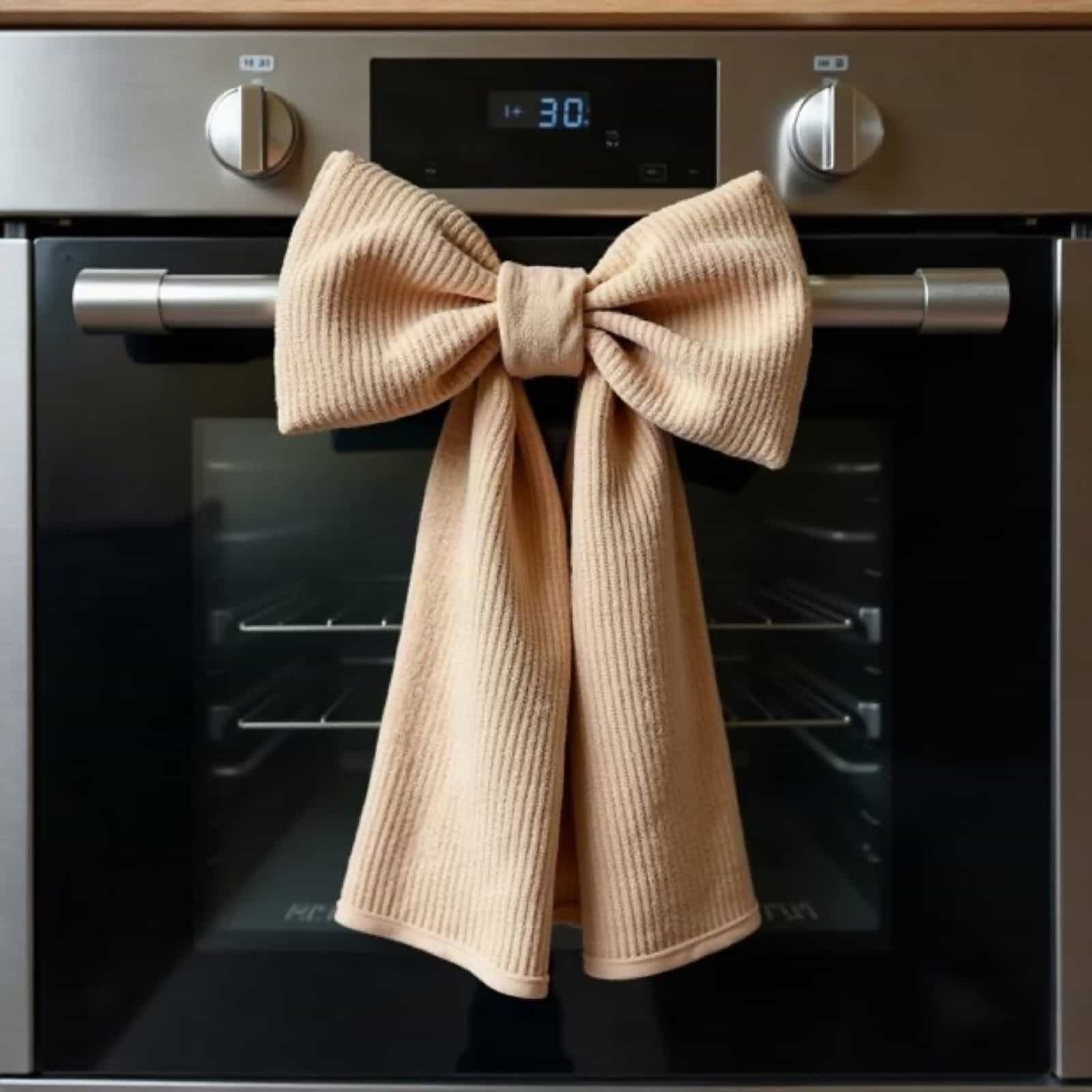 Two towels folded into a bow on an oven door handle