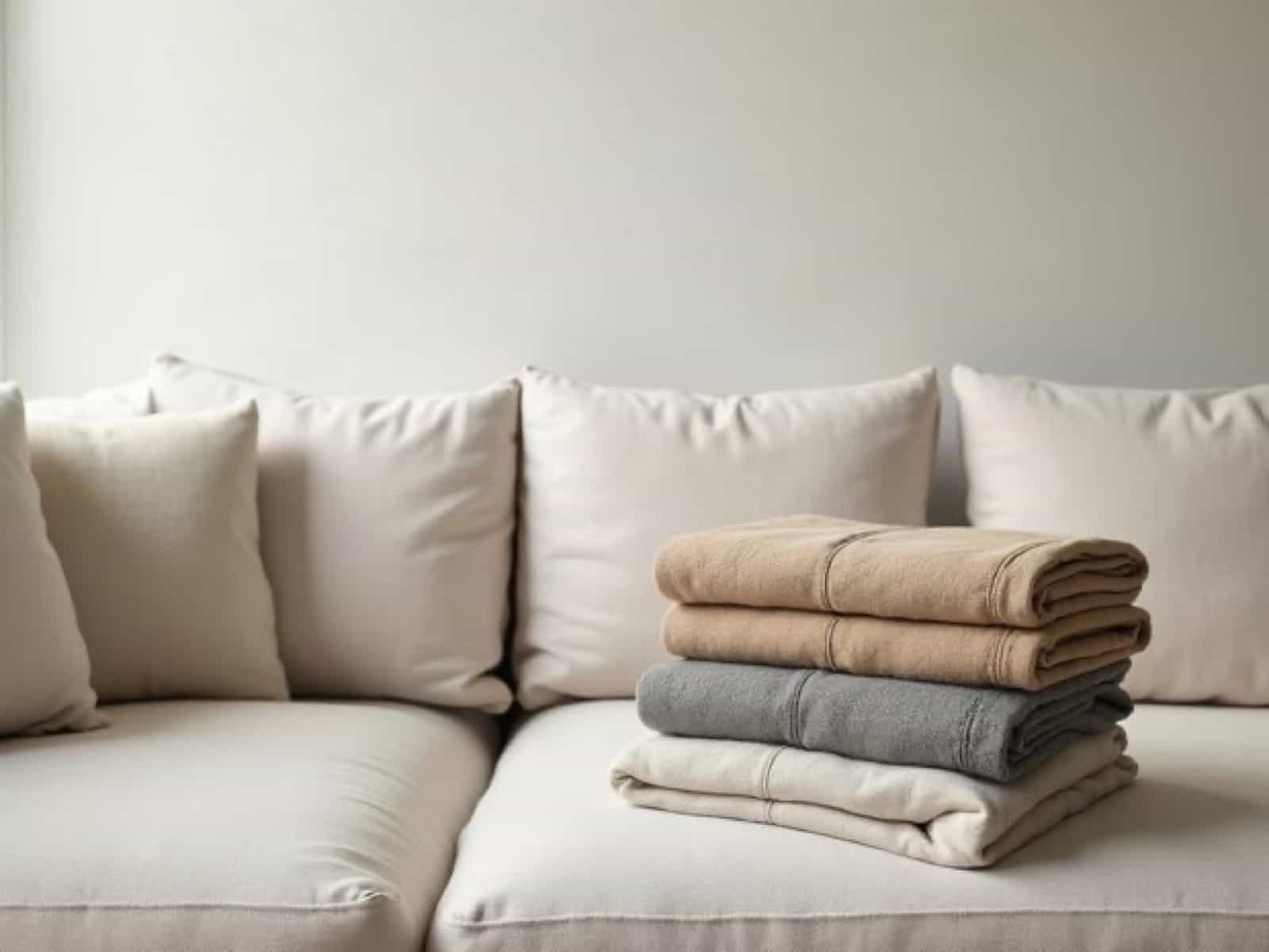 A sofa with cushions squared and blankets stacked and folded