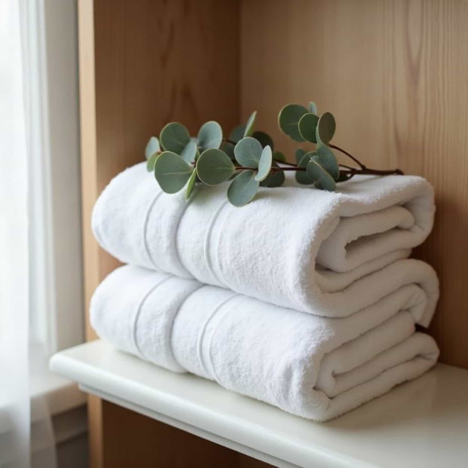 Two folded white towels stacked on a shelf with a sprig of eucalyptus