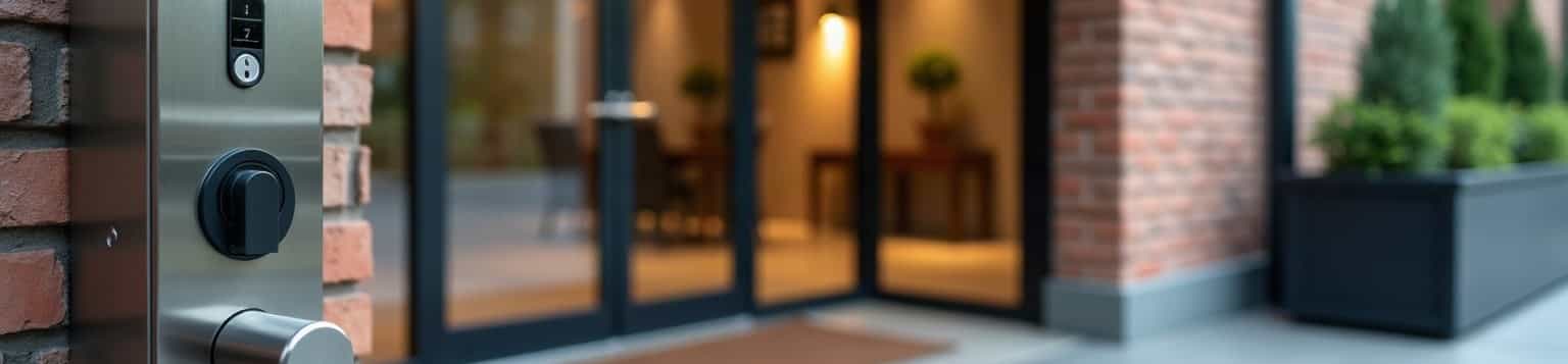 An entryphone and fob panel beside the glass door of an apartment building