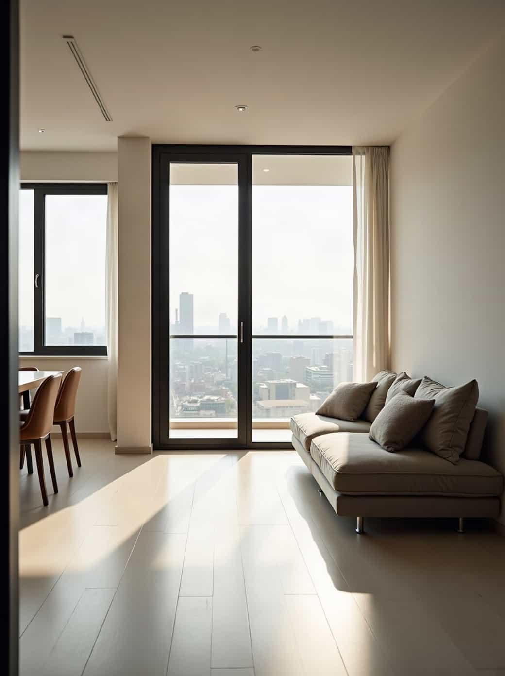 A clean apartment living space with hard flooring and a balcony door
