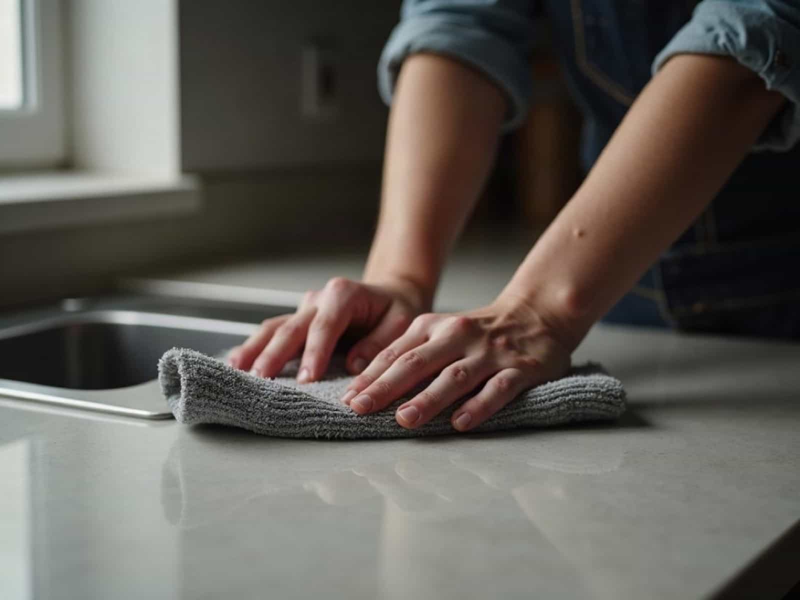 A cleaner wiping a kitchen worktop with a folded cloth