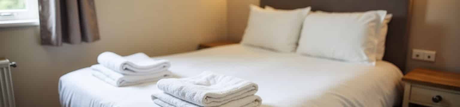 A double bed remade with fresh white linen, towels folded at the foot