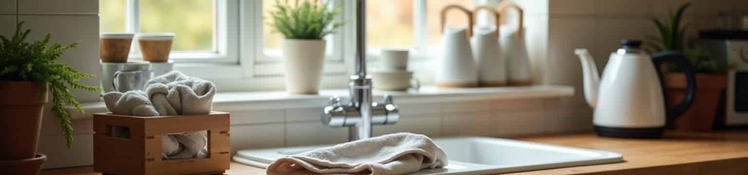 A holiday let kitchen worktop restocked with clean mugs, tea and coffee