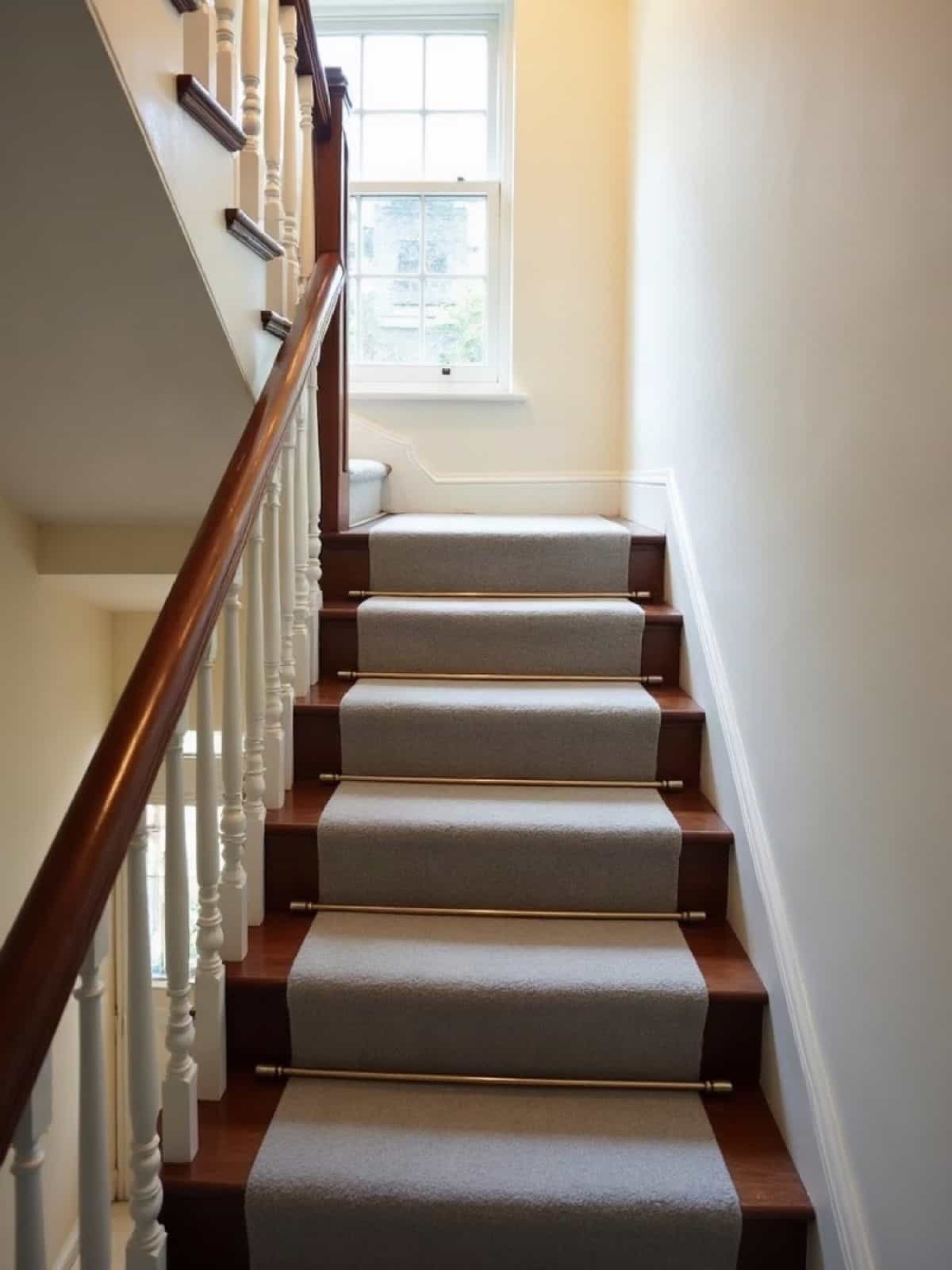 A cleaned staircase with a stair runner in a terraced house