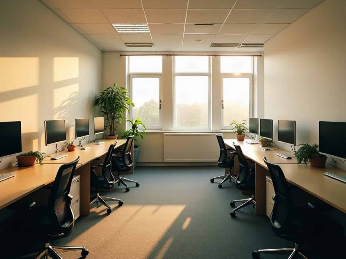 A small office with the desks wiped clear and the chairs tucked in