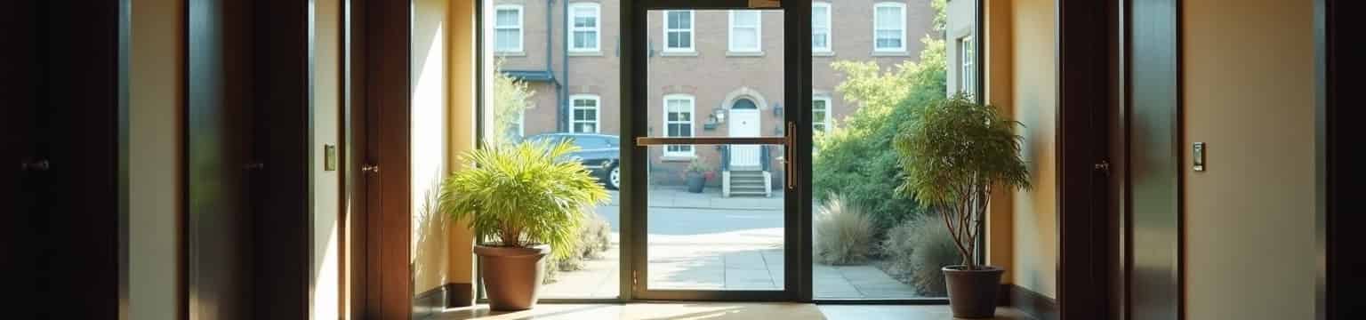 The entrance of a small commercial building with the glass polished and the floor mopped