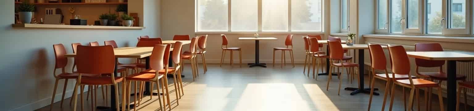 An office break area with the floor freshly mopped and the tables wiped